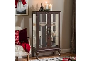 Eyisean Lighted Glass Display Curio Cabinet, 44" H Display Cabinet with Light Bulb and Tempered Glass Doors, Curio Storage Cabinet with Adjustable Shelves and Mirrored Back Panel, Rack for Living Room