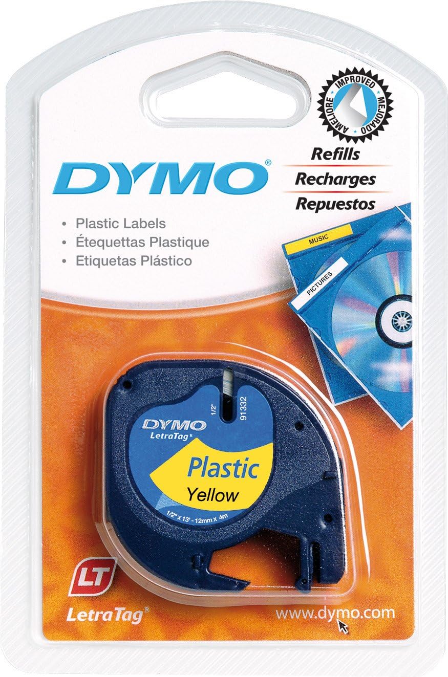 DymoLetraTag Plastic Tape, 12 mm x 4 m Roll - Black on Yellow