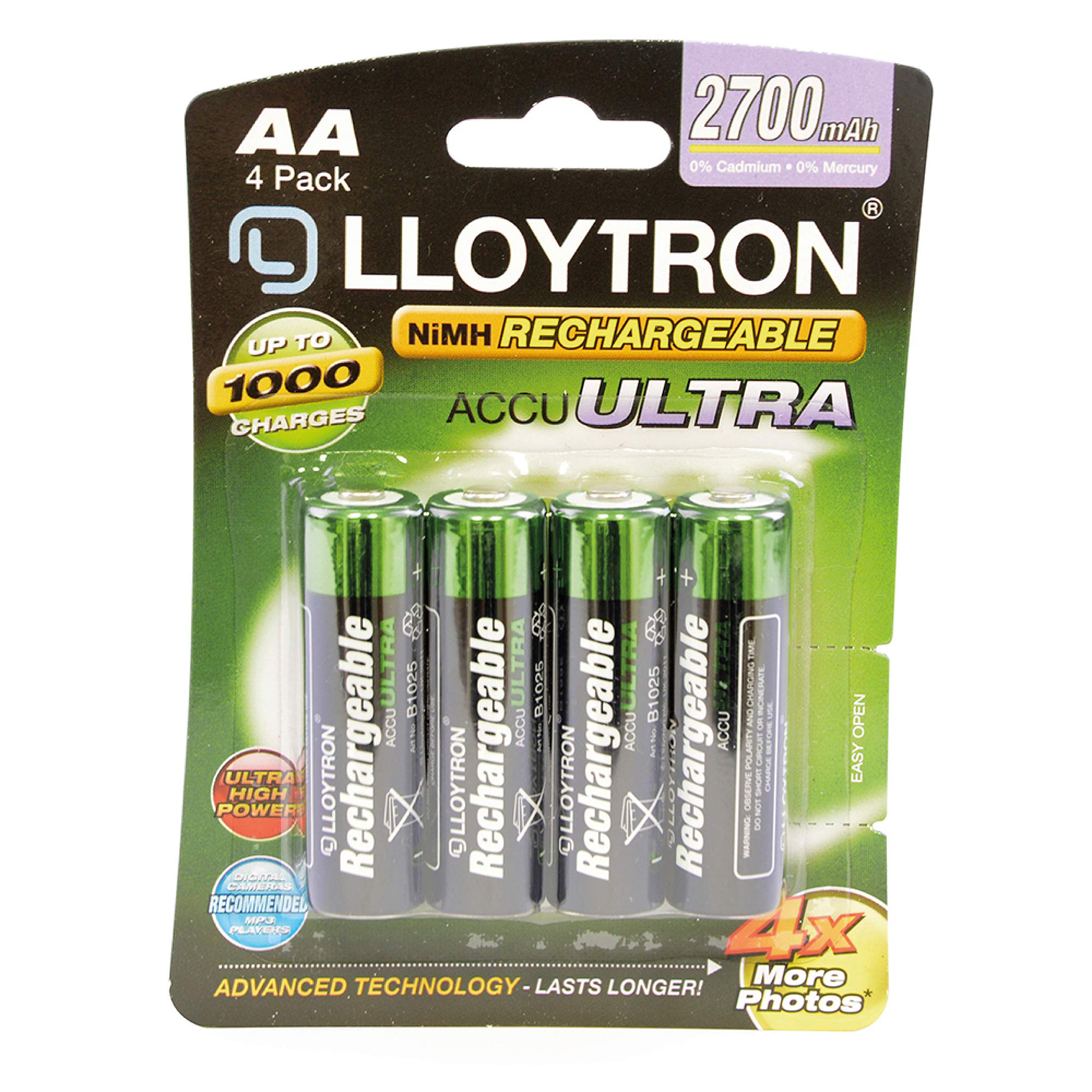 LLOYTRON NiMH Rechargeable AccuUltra Batteries / AA Size / 2700mAh / 4 Pack - B1025, Green