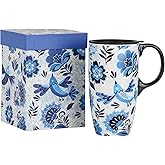 Topadorn Ceramic Coffee Mug Travel Cup with Lid 17oz., Porcelain Tall Tea Cup with Handle for Home & Office, Bird & Flower Art Pattern Mug in Gift Box, 6.5''H