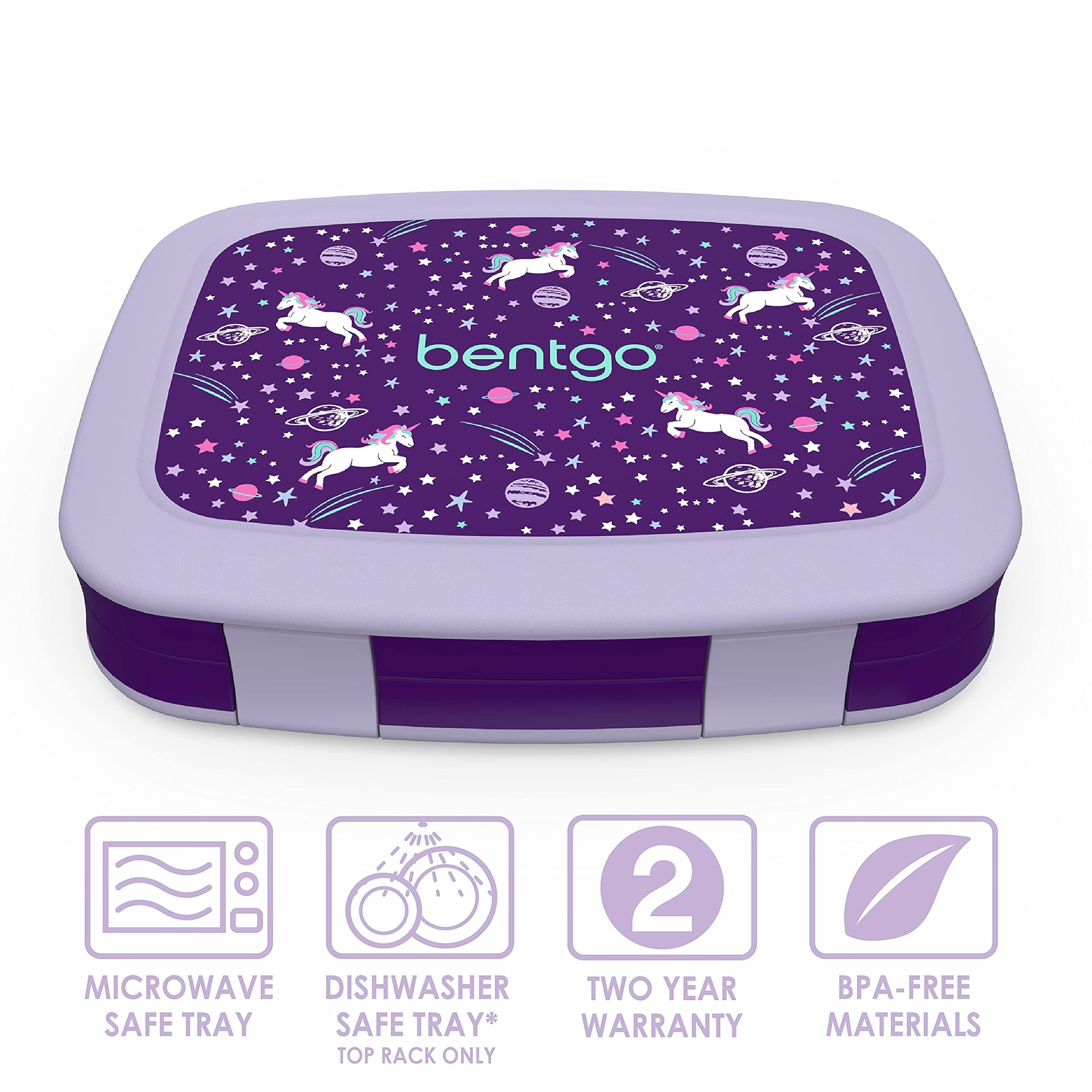 Bentgo Kids Printed Unicorn Leak Proof 5 Compartment Bento Style - Ideal Portion Size for Children Ages 3 to 7 Years Old BPA Free Food Safe Material