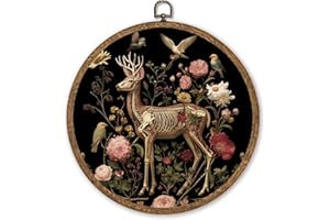 Floral Skeleton Deer Botanical Round Wall Art ,10x10 Inch Cycle of Life Circular Frame, Dark Academia Decor Woodland Gothic W