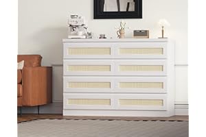 8 Drawer Chest Dresser,47 Inch Rattan Dresser,8-Drawer Wood & Rattan Storage Chest with Fabric Bins,Wide TV Stand Dresser wit