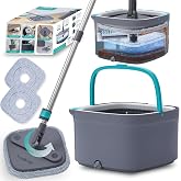 True &amp; Tidy True Clean Spin Mop &amp; Bucket System &ndash; Dual Compartment Design for Clean &amp; Dirty Water, 360&deg; Swivel Mop Head, Built-in Scrubbing Brush, Stainless Steel Handle &amp; 2 Reusable Microfiber Pads