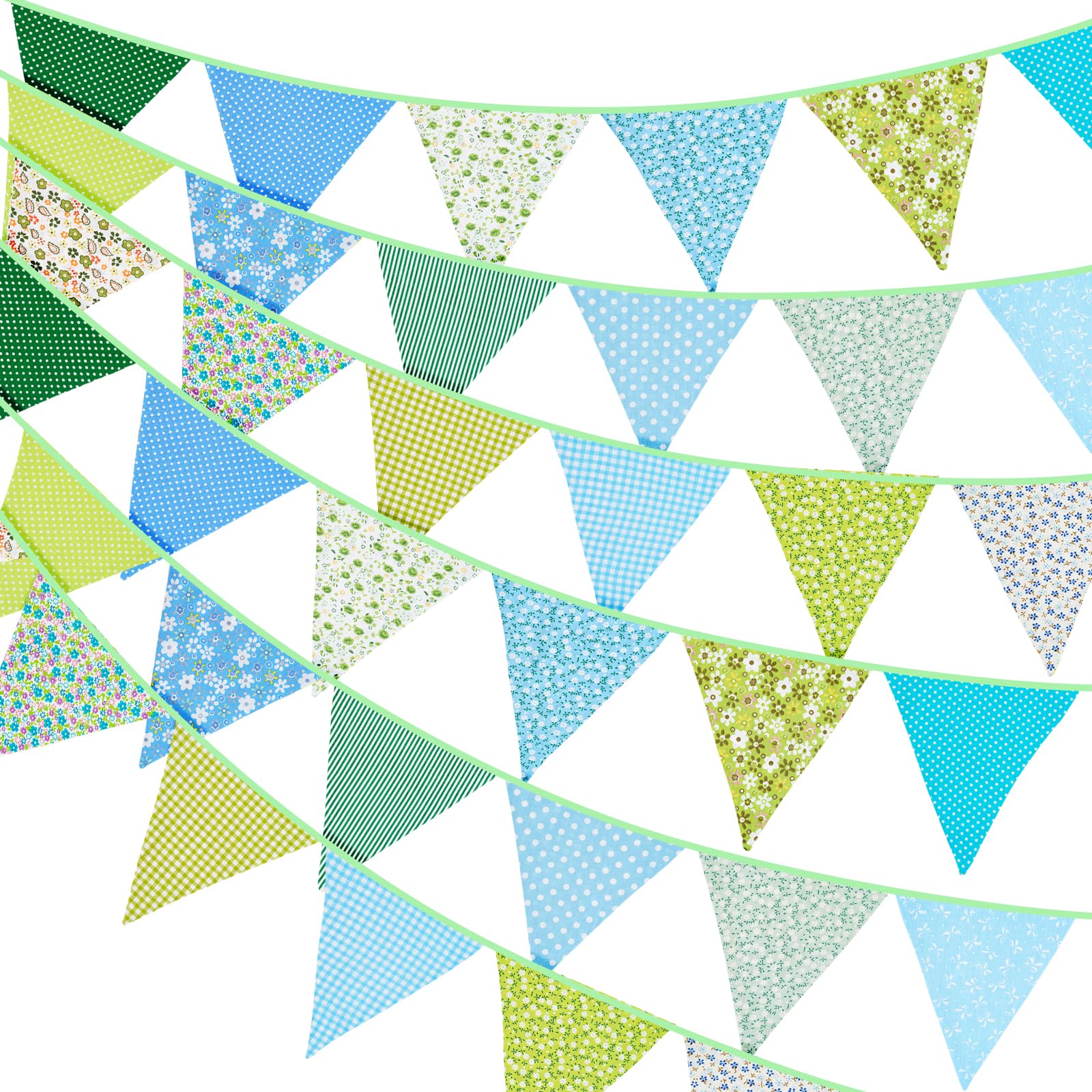 G2PLUS 36PCS Double Sided Fabric Bunting, 10M Green Floral Cotton Banner, 17x19CM Large Triangle Garland Reusable for Indoor and Outdoor Party Decoration