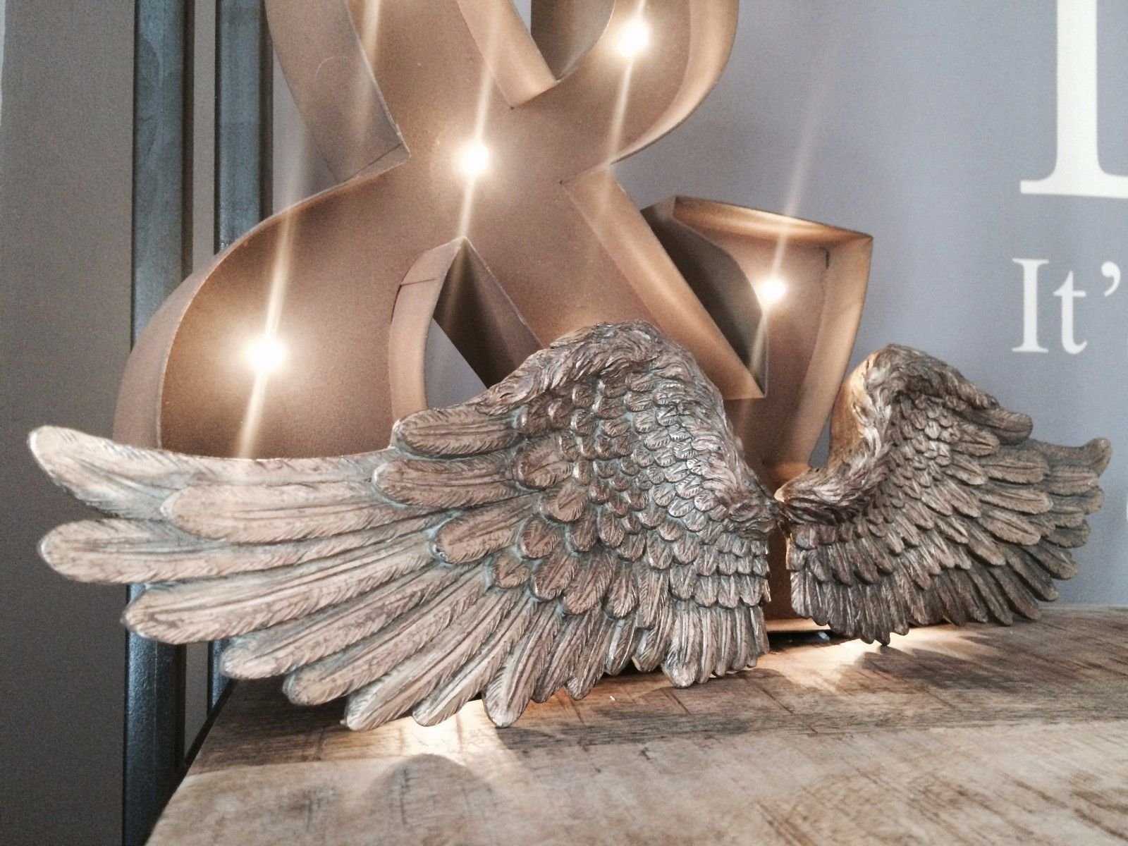 Pair of Angel Wings Wall Art Decor Gold Decorations Large Wall Mounted Antique Style Ornament Hanging for Home Baby Shower Bedroom Baptism Wedding Vintage Shabby Chic