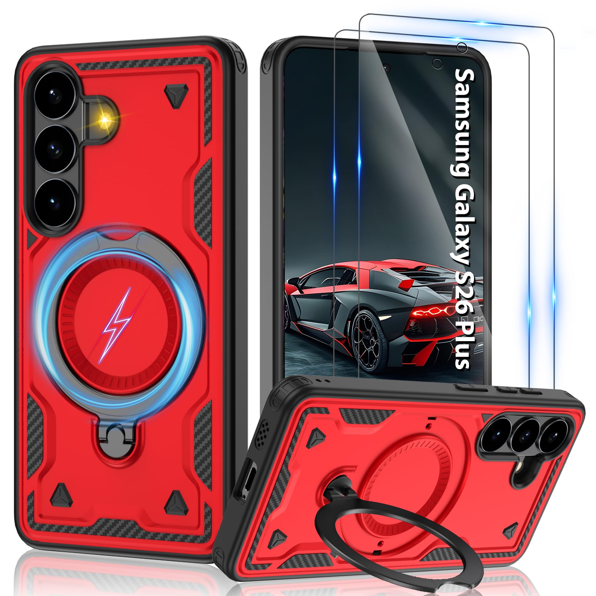Gritup fro Samsung Galaxy S26 Plus Case | Military-Grade Magnetic Protective Cover Compatible with Mag-Safe, 2-Pack HD Screen Protectors, Rotating Kickstand | S26+ Case-Red