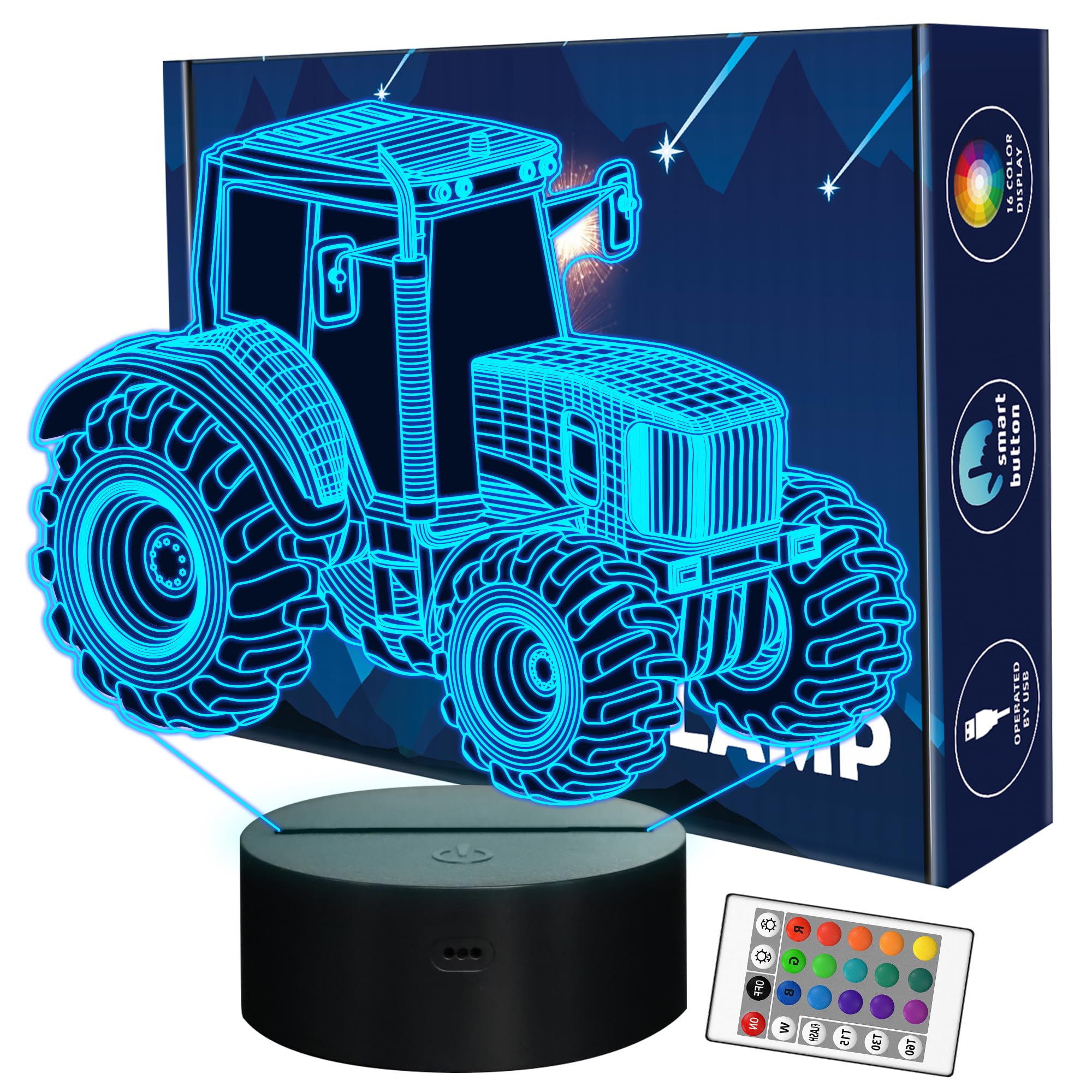 FULLOSUN Tractor 3D Illusion Lamp Birthday Gift Night Light Kids Beside Table Lamp, 16 Colors Auto Changing Touch Switch Desk Decoration Lamps for Boy Men