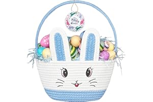 Allaugh Easter Baskets for Kids Boys: Blue Cotton Woven Bunny Large Easter Basket - Empty Baby Easter Basket with Double Rope Handle - Durable Easter Gift Basket For Heavy Weight