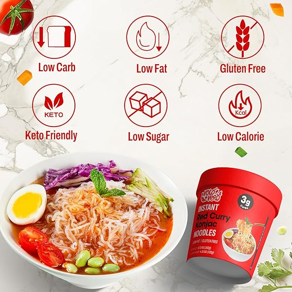 VOLO VERO KONJAC NOODLES INSTANT SOUP CUP SPICY RED CURRY, 6 PACKS, GLUTEN FREE, KETO, LOW CARB, LOW CALORIE, LOW SUGAR, LOW GI, SHIRATAKI NOODLE ANGEL HAIR PASTA, HEALTHY DIET FOOD HOLIDAY GIFTS