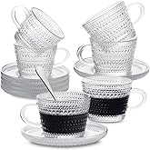 GURUDAR Glass Espresso Shot Cups with Saucers Set of 6, Clear Small Demitasse Cup with Stainless Steel Spoons, Dishwasher Safe Coffee Mugs for Tea Hot Chocolate Cappuccino, 5OZ/150ML, Raindrop