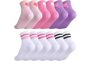 6 Pairs Kids Crew Socks with Stripes Hearts, Junior Cotton School Sports Socks, Casual Stretchy Sock for Girls and Boys