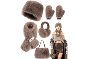 JOYPICKS 5-Piece Faux Fur Gifts Set for Women: Bucket Hat and Glove Set, Winter Luxury Gift for Her Best Friends Sister Wife