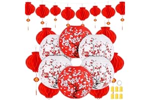 AWEYKA 30 Pieces Japanese Chinese Lanterns Decoration Includes 6 Cherry Flowers Japanese Paper Lanterns 18 Chinese Red Lanterns 6 LED Light 12 Inch Cherry Blossom Lanterns Home Decor for New Year 2024