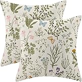 AEIOAE Spring Pillow Covers 18x18 Inch Set of 2,Sage Green Wild Flower Plant Throw Pillows Case,Seasonal Floral Outdoor Decorative Square Linen Farmhouse Decor Cushion Covers for Home Sofa Bed Couch