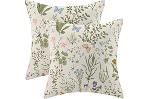 AEIOAE Spring Pillow Covers 18x18 Inch Set of 2,Sage Green Wild Flower Plant Throw Pillows Case,Seasonal Floral Outdoor Decorative Square Linen Farmhouse Decor Cushion Covers for Home Sofa Bed Couch