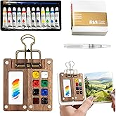 Mini Watercolor Travel Set, 12/24 Color Pocket Painting Kit with Wooden Palette, Watercolor Sketchbook & Pen, All-in-One Portable Art Supplies for Artists & Travel Journaling