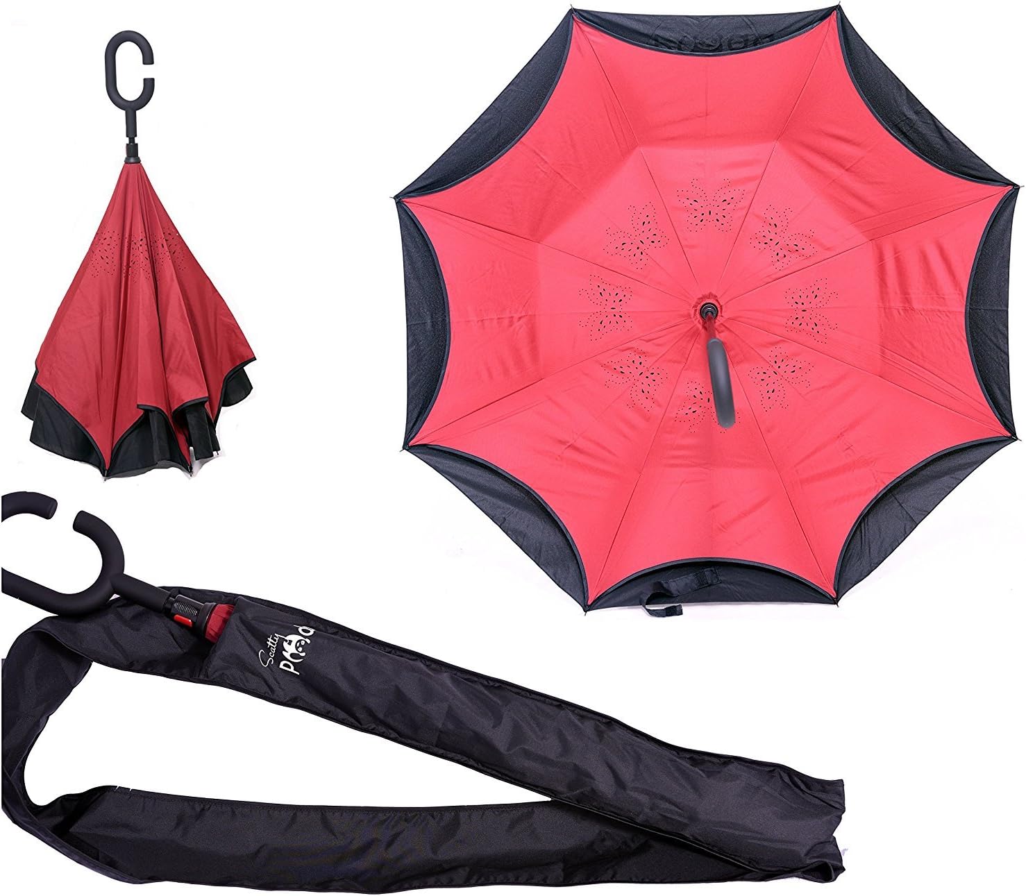 ScattyPanda Original Car Inverted Windproof Reverse Folding Shaped Umbrella Double Layered Outdoor - C Handle - Bonus Carrier Bag with Cellular Pocket, Elegant Bordeaux Color