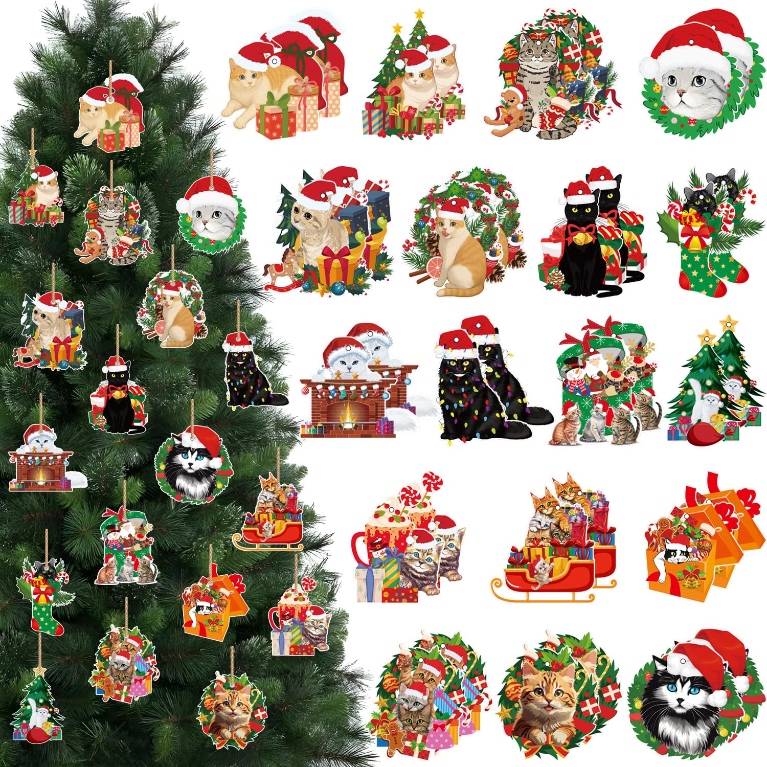 Photo 1 of 36pcs Cat Christmas Ornament Decorations Double-Sided Plastic Christmas Party Tree Ornaments Decorations Cute Cat Pattern Tree Hanging Decor for Winter Holiday Party Supplies