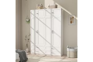 LABROSKIA Armoire Wardrobe Closet with Doors: 89" Extra Tall White Wardrobe with Storage on Top, Bedroom Armoires with 4 Doors and 4 Drawers, Large Wood Closet Armoire for Hanging Clothes (B, 63")