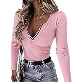 OwnTime Womens Sexy Tops Long Sleeve Henley Shirts Fitted Low Cut Tops Ribbed Zipper V Neck Cleavage Fall Shirts Blouses