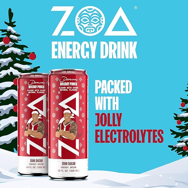 ZOA ENERGY SUGAR FREE ENERGY DRINKS WITH ELECTROLYTES FOR HYDRATION, DWANTA’S HOLIDAY PUNCH, 12 PACK, 12 FL OZ CANS