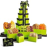 NUT CRAVINGS - Purim Mishloach Manot Dried Fruit & Mixed Nuts Gift Basket, Green Tower + Ribbon (12 Assortments) Ramadan Gifts Food Arrangement, Healthy Snack Care Package, Kosher