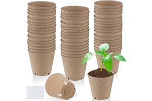 COSWEET 3.2" Biodegradable Peat Pots with Drainage Holes - 50 Pcs Thickened Round Plant Pots, Seedling Starters Kit with 100 Plant Markers for Seed Germination