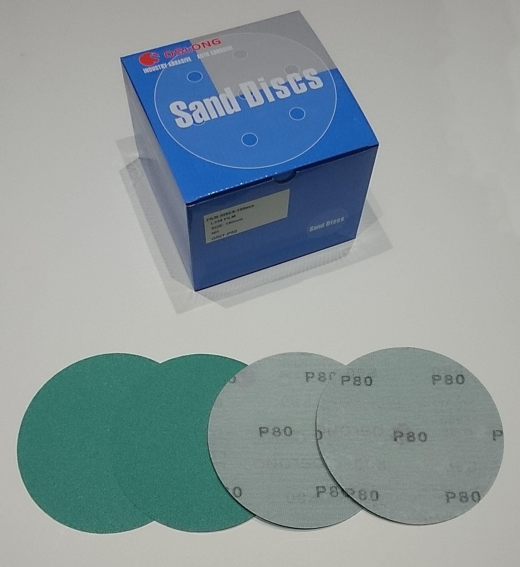 Oslong L338 6" Hook & Loop Green Film Sanding Discs, 80-Grit Box of 100