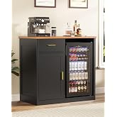 Furnivado 39" Mini Fridge Cabinet, Coffee Bar Cabinet with Fridge, Black | Wine Bar Cabinet with Refrigerator, Drawer &amp; Storage, Adjustable Shelf, Wood Grain Countertop, Buffet Sideboard for Home Bar