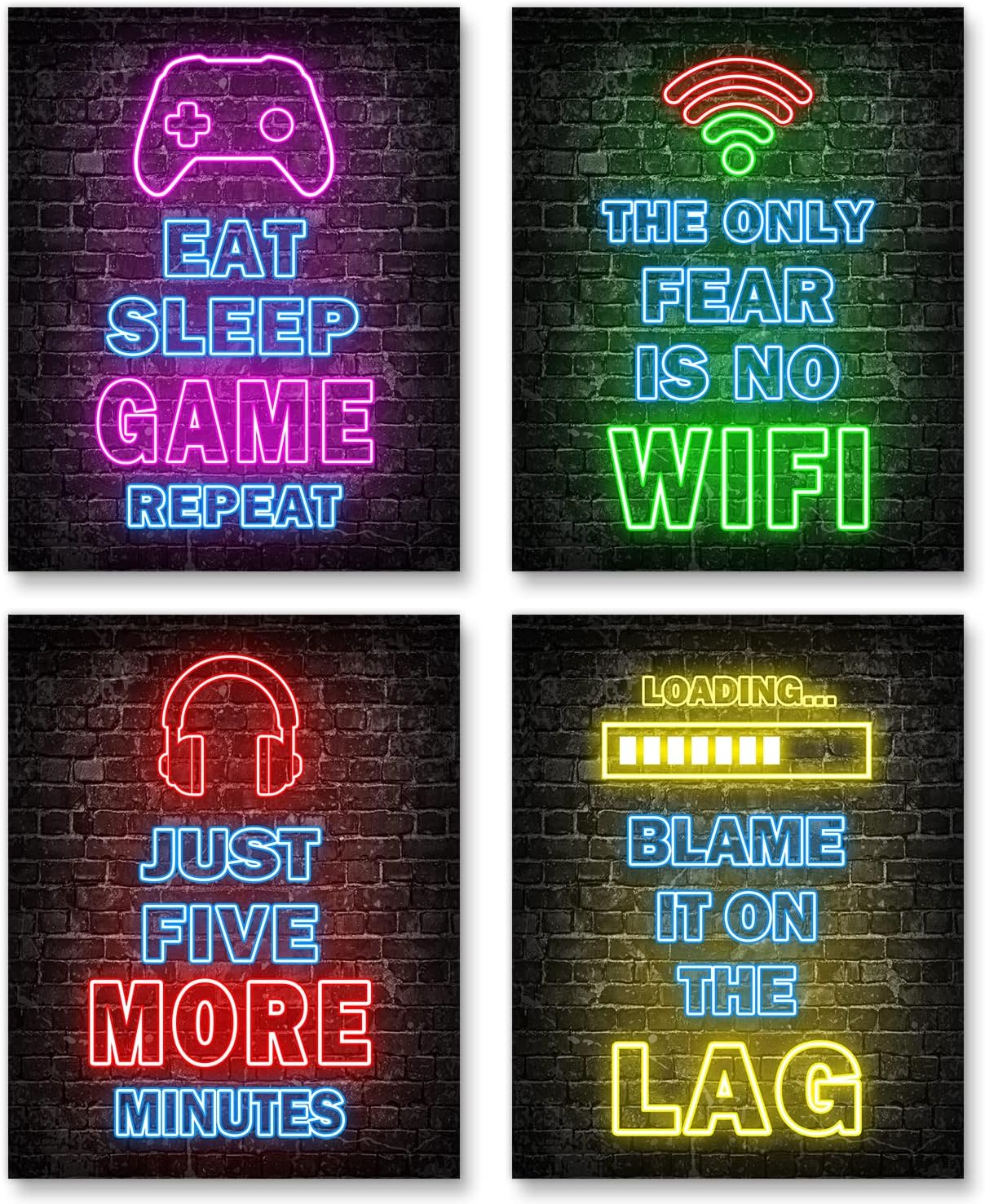 Wall Décor - Printed Neon Gaming Posters Set of 4 (8”X 10”), Boys Room Decorations for Bedroom, gamer wall art,Gamer, Teen boy bedroom, game room, No Frames