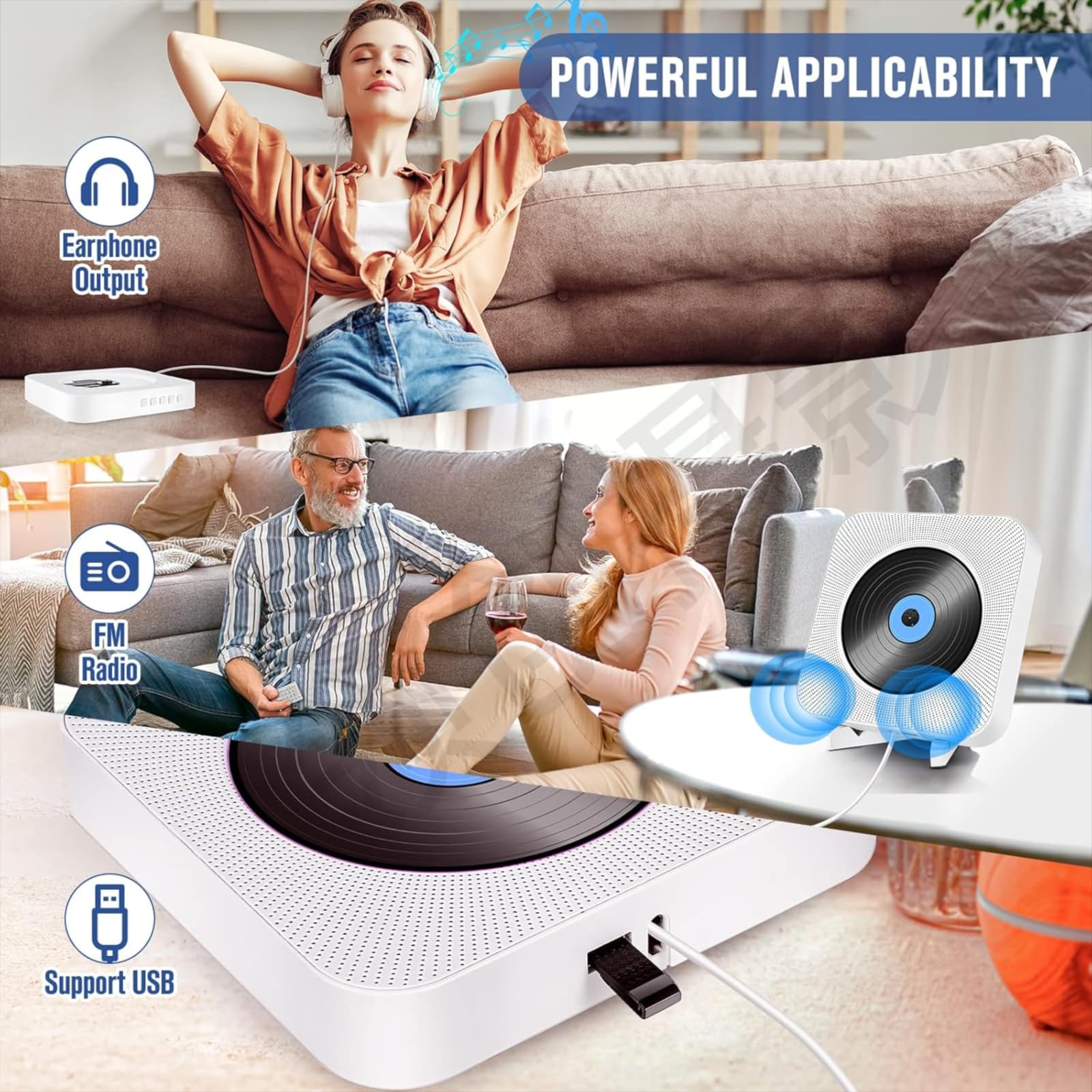 Portable Wall CD Players with 5.0 Bluetooth, Wall-Mountable CD Player with HiFi Speaker, USB Playback/AUX/FM Radio, Pull Cord Switch Design, Music Player with Remote Control, Home Audio Boombox
