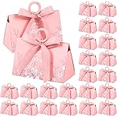 MotiMind 30 Sets Wedding Favor Boxes with Ribbon and Wooden Handle, Pink Favor Boxes for Baby Shower Favor Triangular Chocolate Gift Wrap Bags for Baby Shower Bridal Party, 5.9 x 3.9 x 2.8 Inch