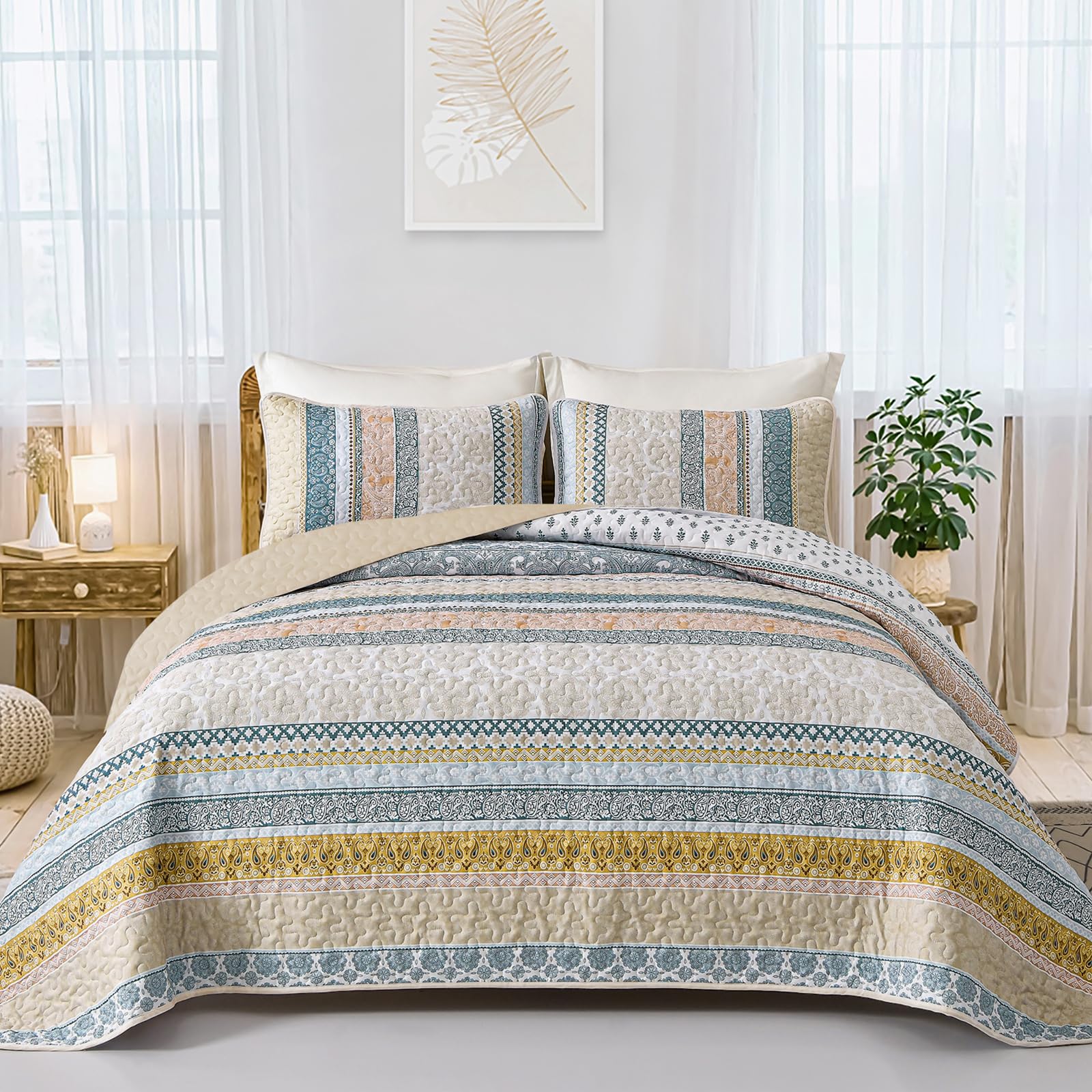 Photo 1 of WONGS BEDDING Boho Quilt Set California King Size, Yellow Bohemian 3 Pieces Fall Quilt Sets, Lightweight Microfiber Bedspread Coverlet Bedding Set for All Season (106"x96")