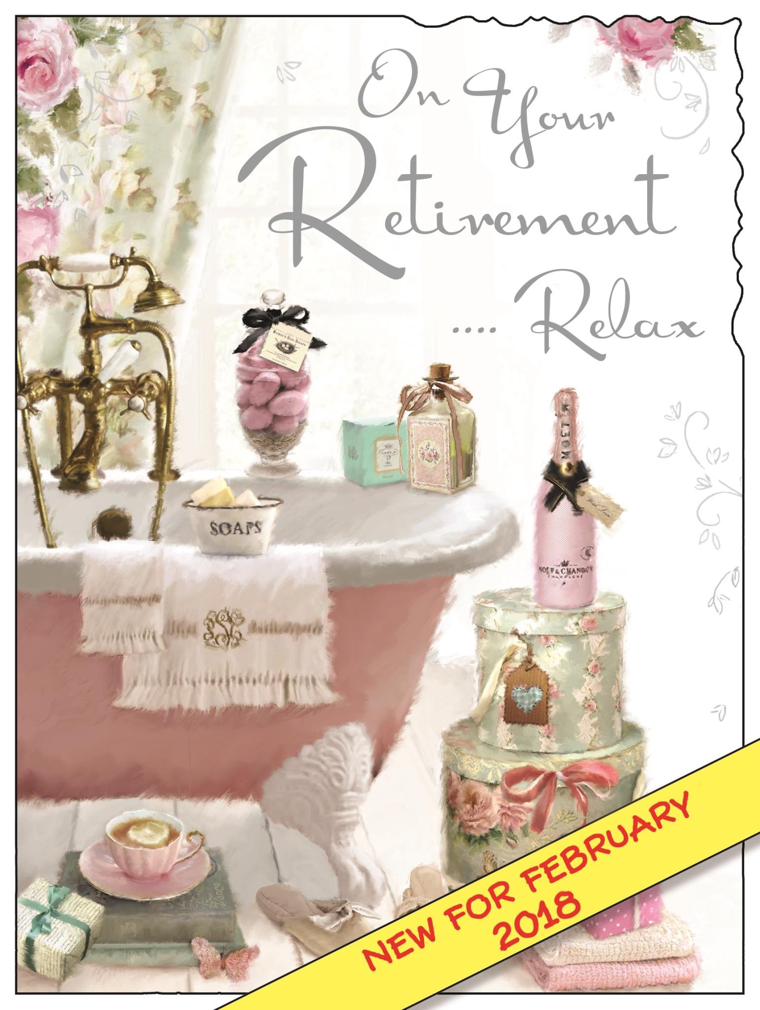 Illustrated Retirement Card - (JJ3704) - Bathroom - From The Velvet Range - Embossed With A Silver Foil & Flitter Finish