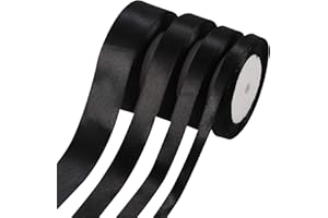 Weirui 4 Rolls Black Satin Fabric Ribbons, Solid Color Glossy Gift Wrapping for DIY Crafts, Wedding, Party, Floral Arrangemen