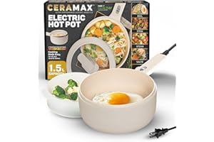 CERAMAX PRO 1.5L Electric Hot Pot with Lid & Steamer, Non Toxic Ceramic Cooker Skillet for Ramen, Eggs, Pasta for Dorms, Camp