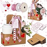 Oudain 24 Set Valentines Drink Carriers, 2 Cup Drink Carriers with Handles, Kraft Paper Coffee Cup Holders Craft with Gift Cards Ribbon Stickers for Teacher Women DIY Valentine's Day Gift