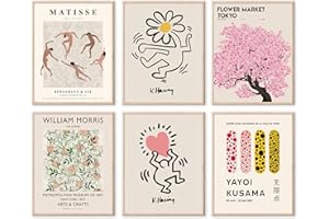 RETRART Matisse Wall Art Prints Minimalist Flower Market Posters Vintage Gallery Mix Exhibition Set of 6, Yayoi Kusama Poster William Morris Flower, Abstract Matisse Posters for Bedroom 8"*10" Unframed