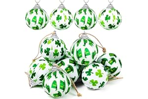FFNIU St. Patrick's Day Ball Ornaments, 12PCS Green Shamrocks and Hat Fabric Wrapped Balls, Decorative Hanging Ornaments for Tree Home Office Bedroom Party St. Patrick' Day Holiday Decorations