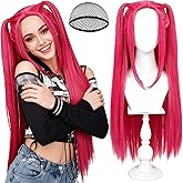 rookea Long Hot Pink Cosplay Wig with Two Ponytails, Straight Synthetic Hair Wig with Bangs for Adults Women, Halloween Costume Hair with Dual Tails for Cosplay Party