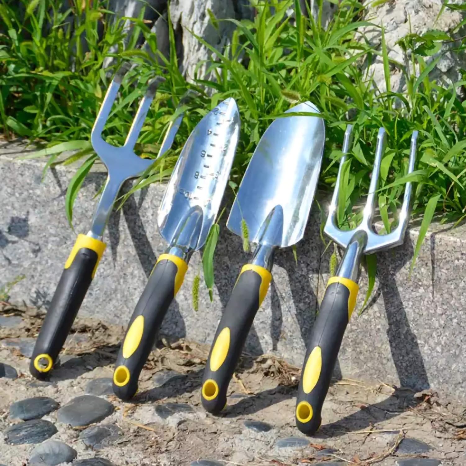 DFSQ Garden Tools Set, Ergonomic 4 Piece Gardening Kit Includes Hand Trowel, Transplant Trowel, Cultivator and Hand Rake, Durable and Delicate Garden Gift : Garden & Outdoor