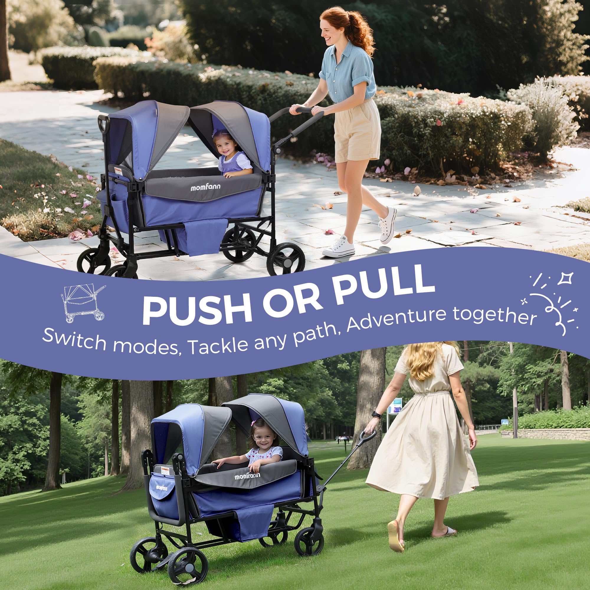 MOMFANN Stroller Wagon for 2 Kids,Foldable Wagon Stroller with Canopy, All-Terrain Parent Organizer, Adjustable Handle & Pull Bar Baby Wagon for Infants and Toddlers, Lavender Blue