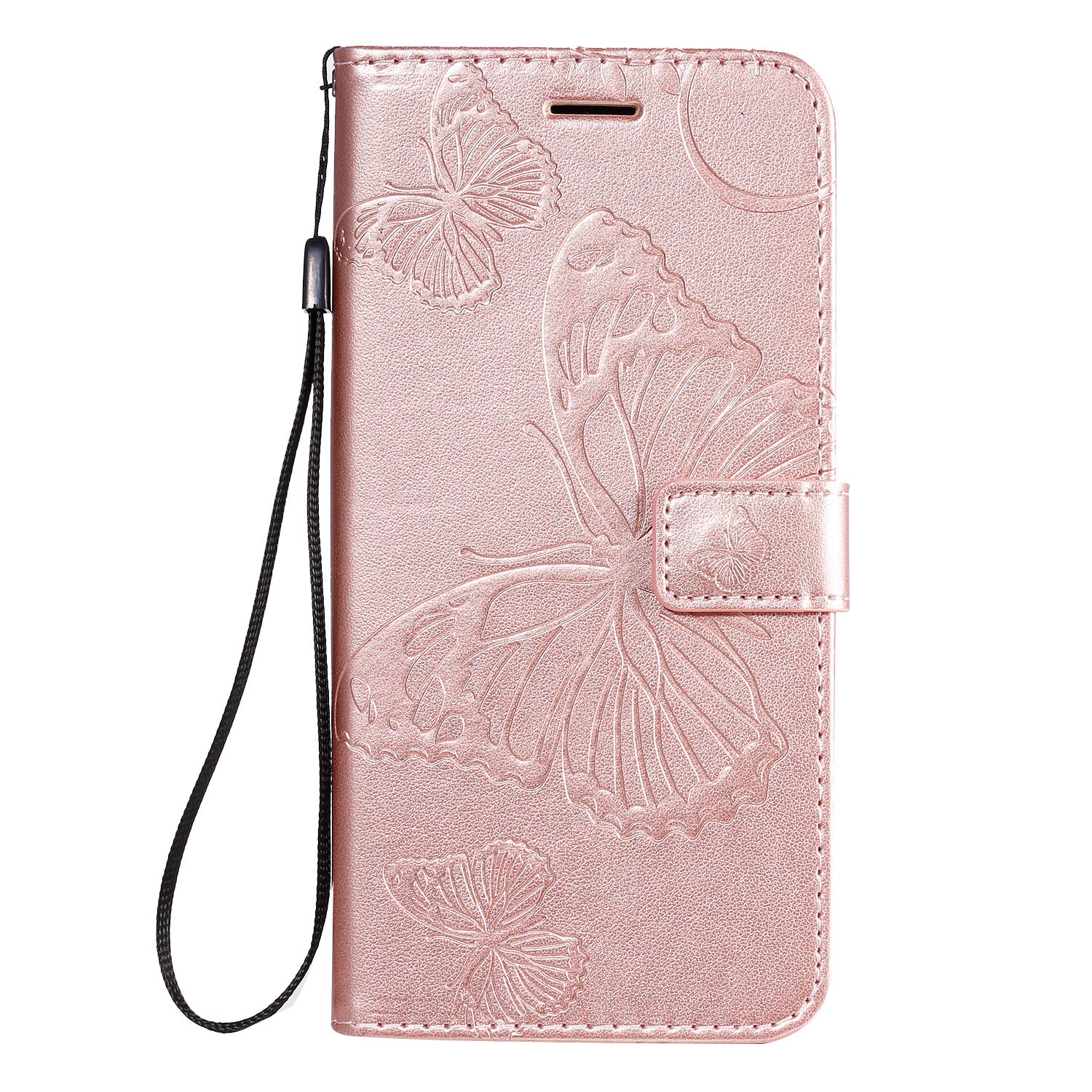 Samsung Galaxy A32 Case Cute Funny Butterfly Shockproof Folio Flip PU Leather Wallet Case with Card Slot Stand Silicone Bumper Phone Cover for Samsung A32 Case for Girls Women Kids, Rose Gold