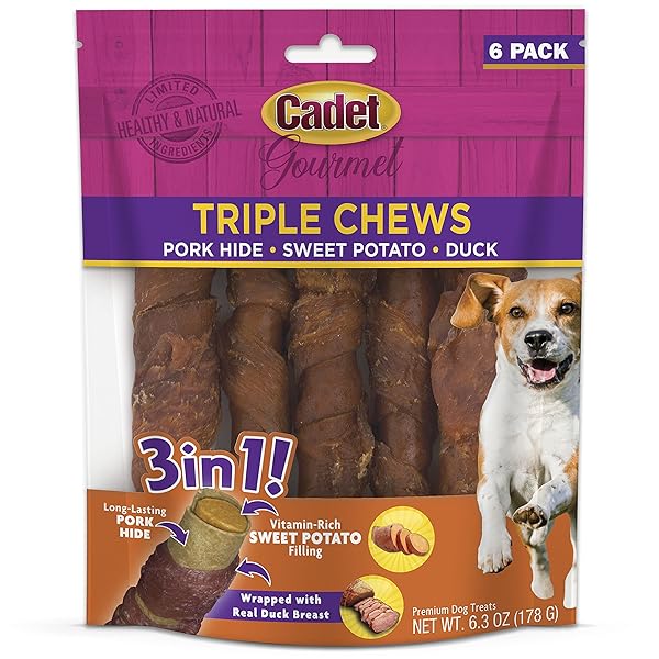 CADET GOURMET TRIPLE CHEWS PORK HIDE, SWEET POTATO, & DUCK DOG TREATS – HEALTHY DOG TREATS FOR SMALL & LARGE DOGS – INSPECTED & TESTED IN USA (6 COUNT)