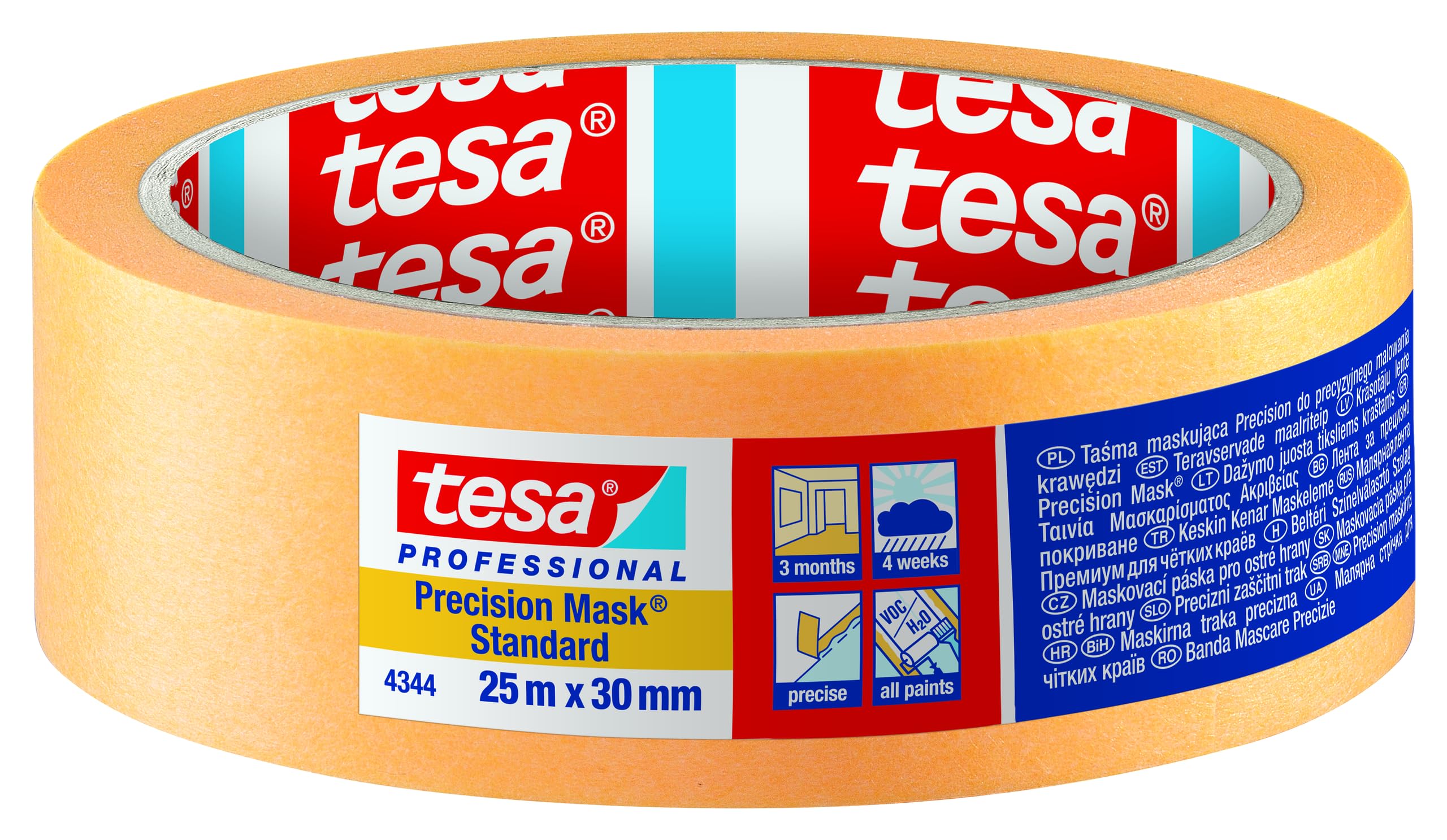 tesa Precision Masking Tape 4344 Standard - Pack of 6 - Professional Masking Tape with Thin Paper Backing - for Precise Masking and Covering - Orange - Each 50 m x 25 mm