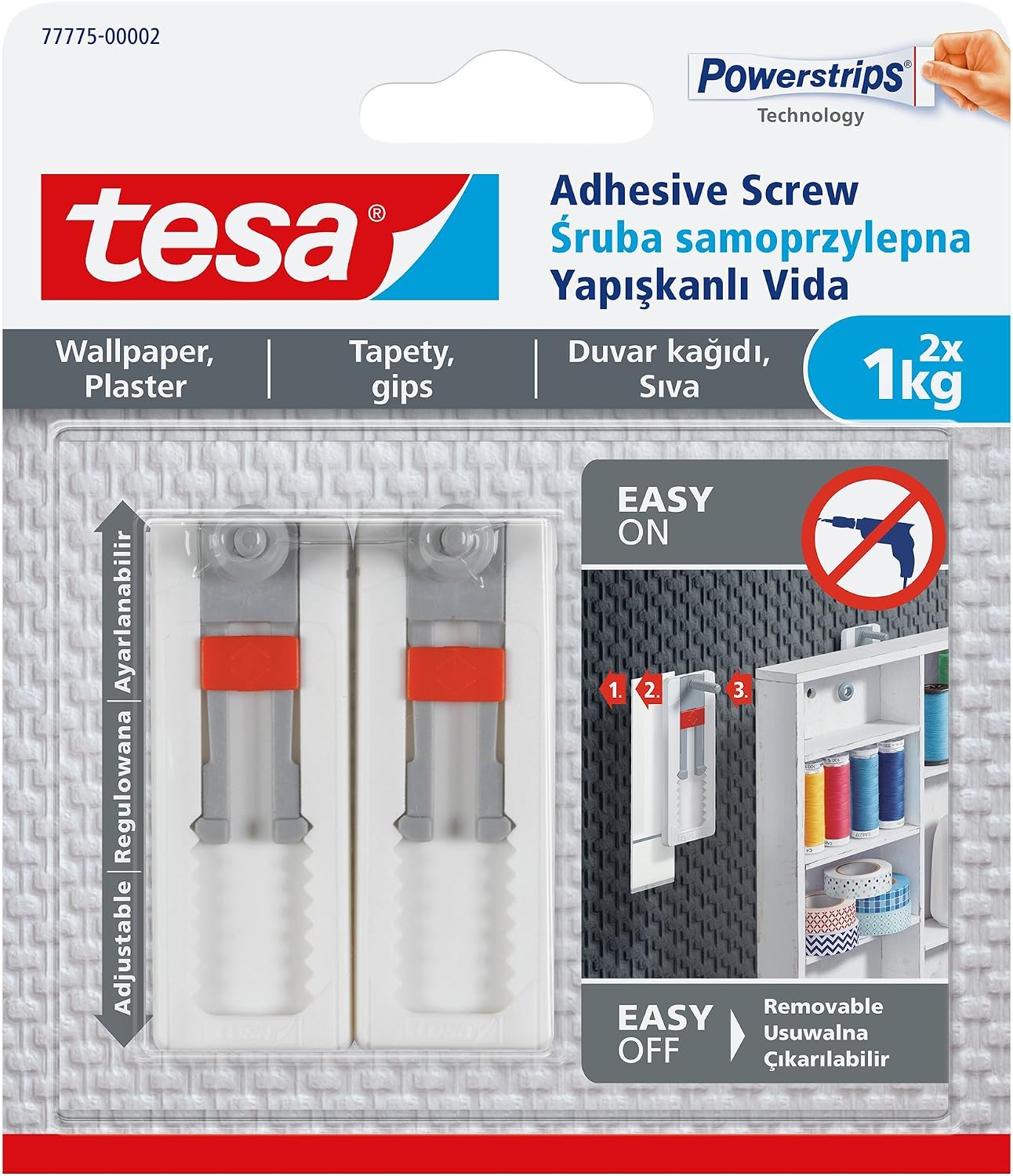tesa 77775-00002-00 Removable Adjustable Adhesive Screw for Picture Hanging on Wallpaper White
