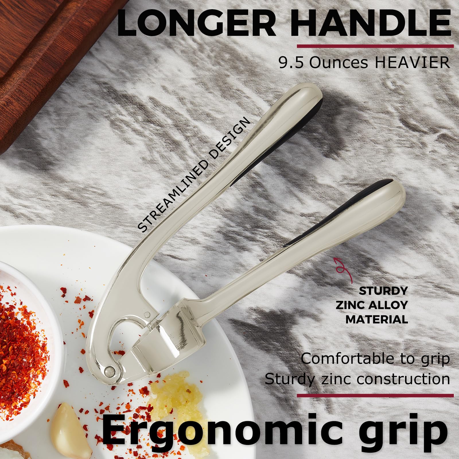 Kitessensu Knoblauchpresse mit Noppen, Garlic Press, Einfach zu drücken und zu reinigen, Rostfrei & spülmaschinenfest, Ingwerzerkleinerer – Kaiserlich Silber Maximale Menge & Minimaler Druck 3