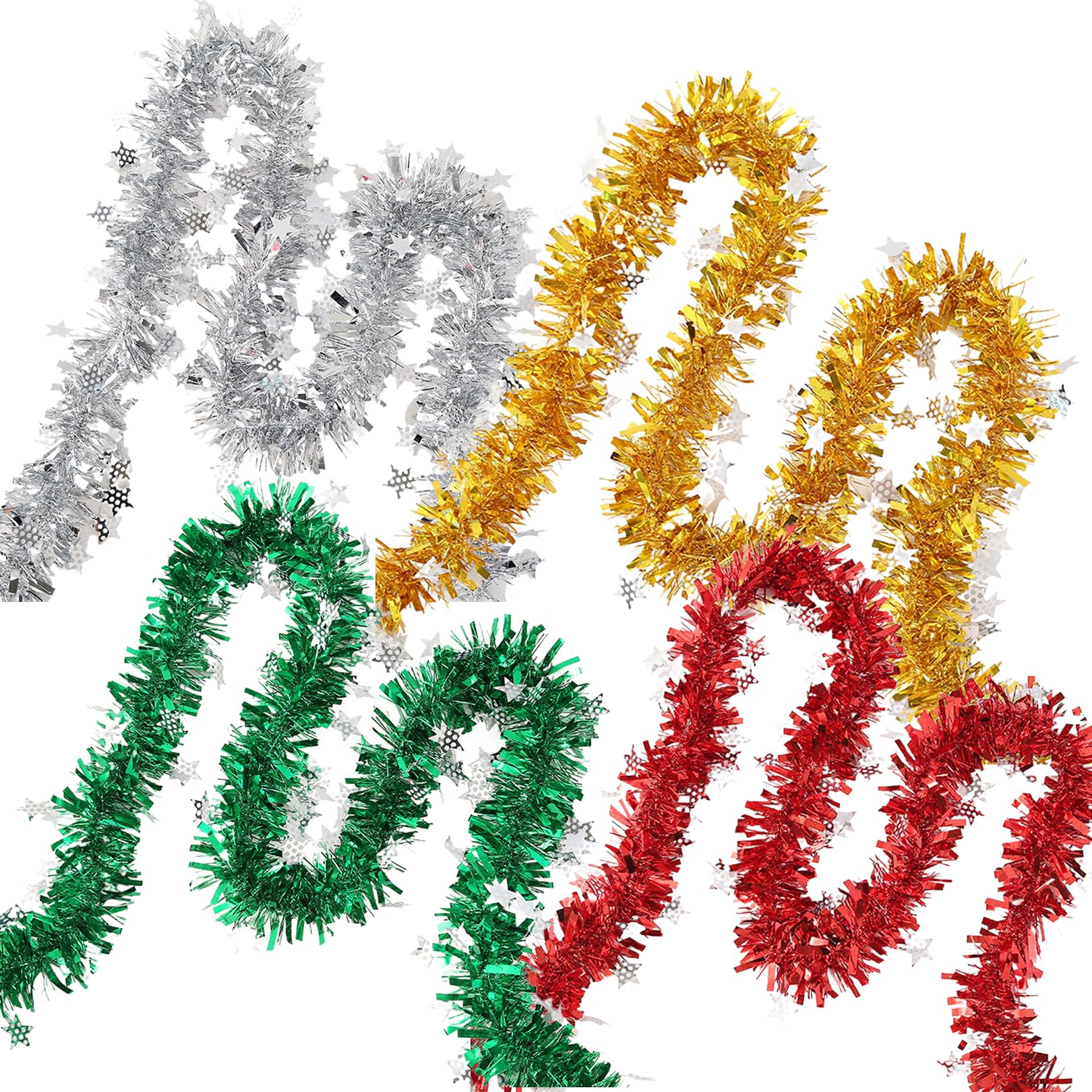 4 Pcs Christmas Tinsel Christmas Tree,Metallic Red Green Gold Silver Thin Tinsel String Garland Hanging Decoration,Glitter Ribbon Shiny Ornaments New Year Party Indoor/Outdoor Decorations