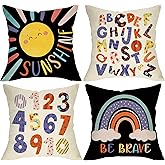 Fjfz Back to School Classroom Decorative Throw Pillow Covers 18 x 18 Set of 4, Sun Rainbow ABC Alphabet Number Learning Kids Educational Nursery Home Decor, Inspirational Playroom Couch Cushion Case